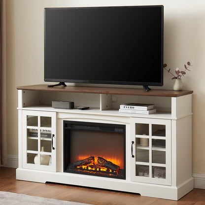 Fireplace TV Stand for Television up to 65", Entertainment Center with Storage Cabinet and Shelves, 23'' Electric Fireplace with Adjustable Warmth for Living Room/Bedroom, White