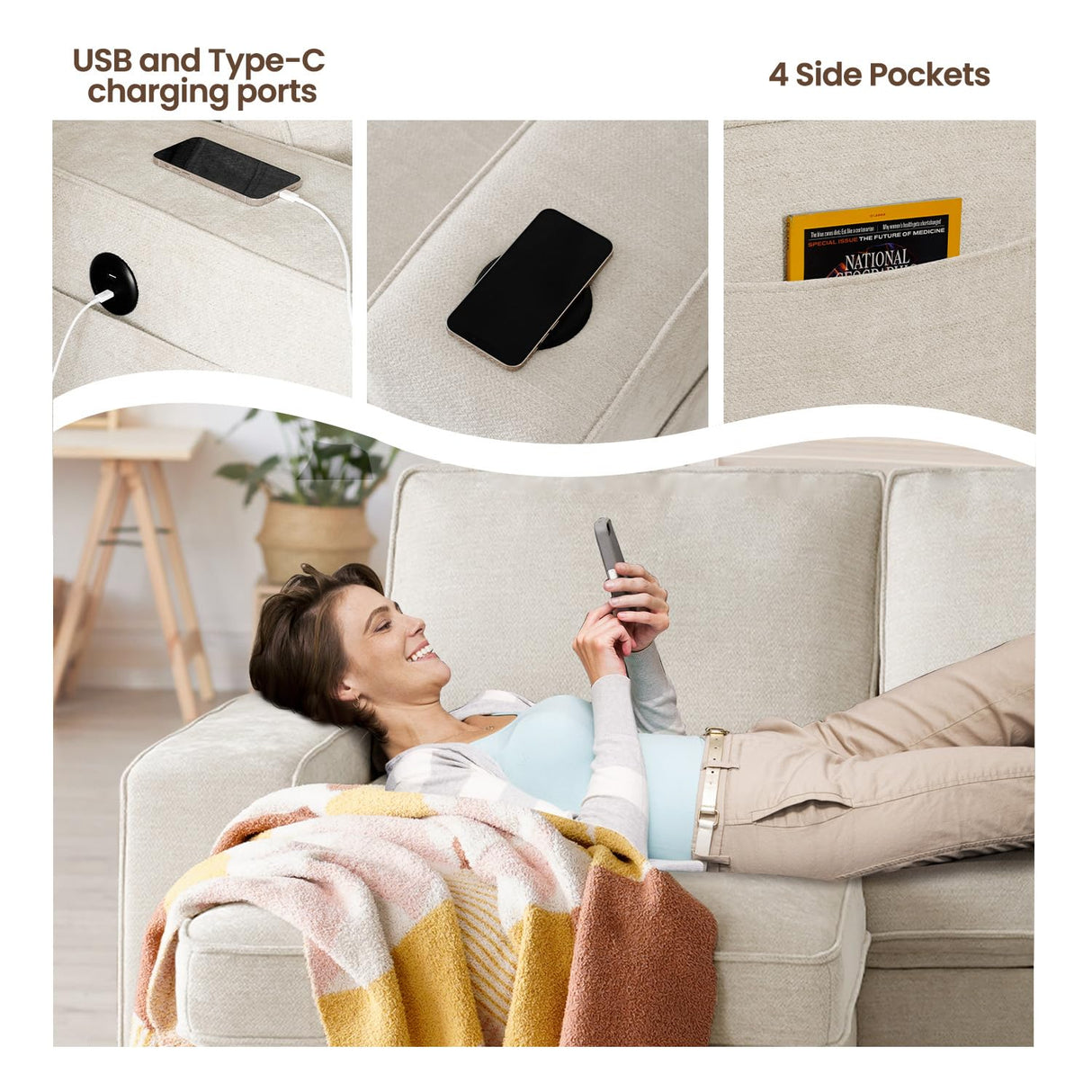 ASHOMELI 99" Convertible Sleeper Sofa Bed,L Shaped with Storage Chaise Pull Out Couch for Living Room,USB and Type-C,Removable Washable Chenille Covers (Beige) ASHOMELI