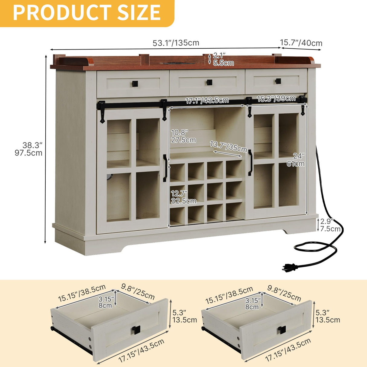 DWVO Farmhouse Wine Bar Cabinet with Power Outlet, 53" Farmhouse Home Bar Cabinet Buffet Cabinets with Wine & Glass Rack for Kitchen, Dining Room, Antique White DWVO