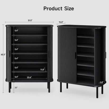 ONBRILL 6-Tier Shoe Cabinet with Sliding Door, Wooden Shoe Storage Cabinet with Adjustable Shelves, Mid-Century Modern Freestanding Shoe Storage Organizer for Entryway, Hallway, Living Room, Black ONBRILL