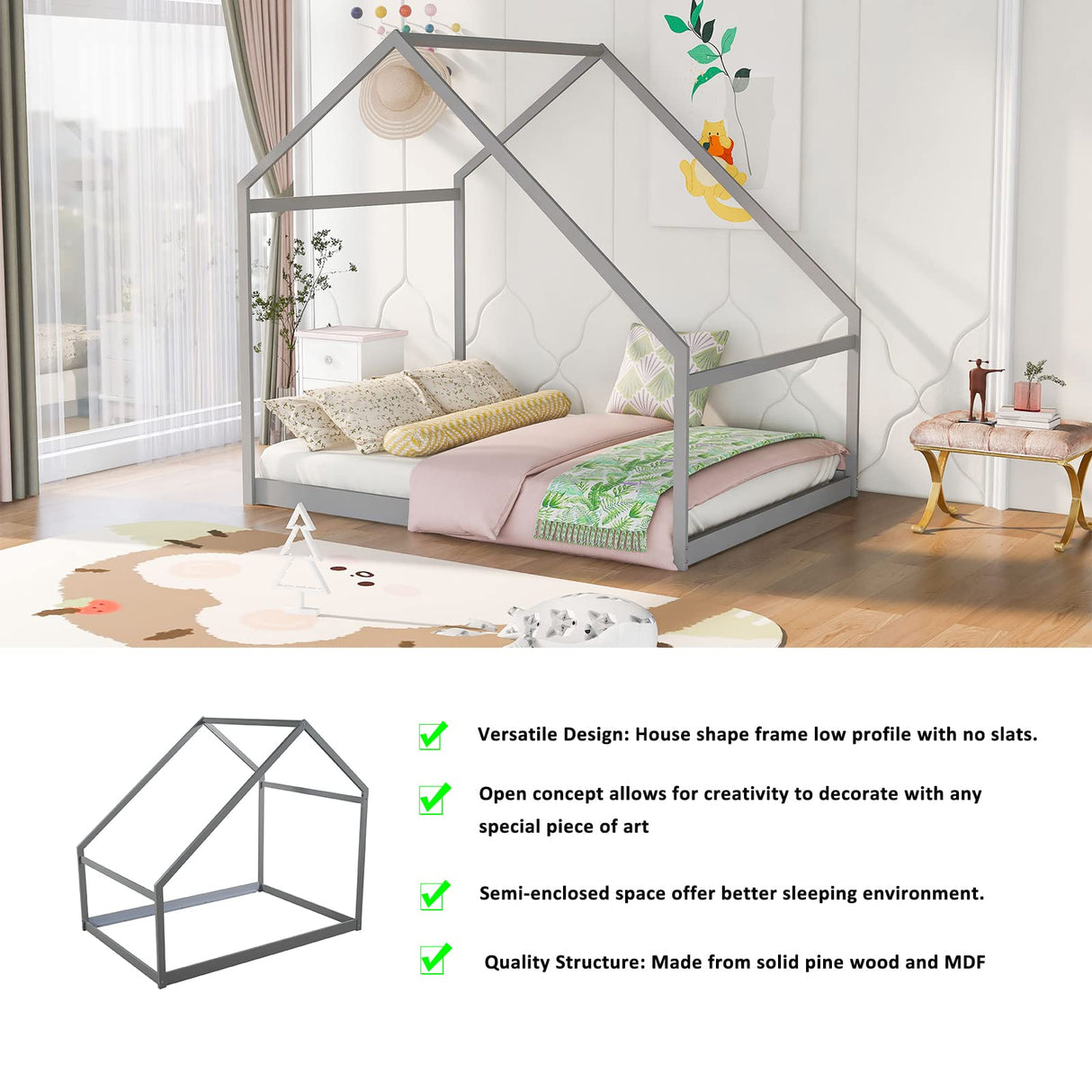 Bellemave Gray Montessori Toddler Floor Bed – Full House Frame for Kids Bellemave