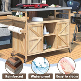 Bennbari Outdoor Kitchen Island, Rolling Kitchen Island with Storage, Farmhouse Solid Wood Kitchen Cart on Wheels, Outdoor Grill Table with Stainless Steel Top, 50 Inch Width (Natural) Bennbari