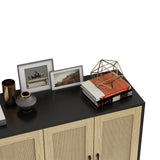 Panana Buffet Storage Cabinet with Rattan Decorating 4 Doors Living Room Kitchen Sideboard 48.43 x 34.65 x 15 inch (Black) Panana