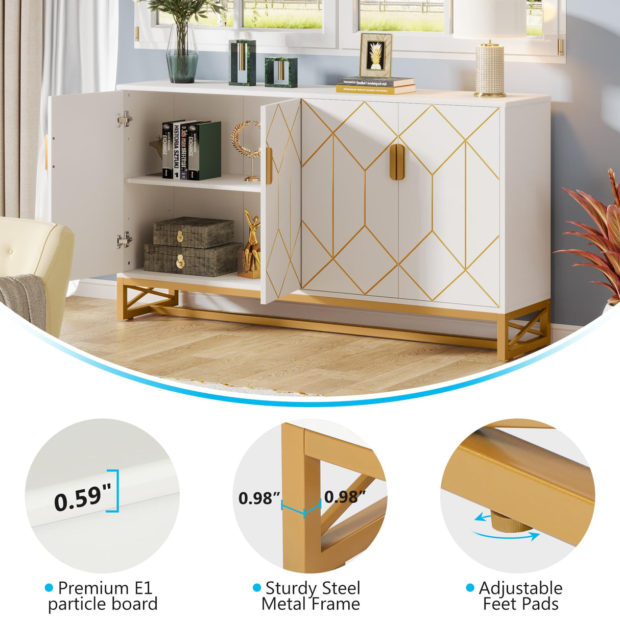 LITTLE TREE Storage Cabinet with Storage Shelves for Living Room, Modern Sideboard Buffets Cabinets Coffee Bar with Gold Metal Frame 4 Doors for Kitchen Dining Room Entryway Bedroom, White LITTLE TREE