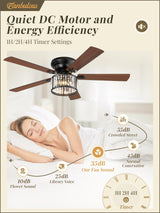 56 Inch Farmhouse Chandelier Ceiling Fan with Remote Control, Black Indoor Crystal Ceiling Fan with 6-Speeds, Quiet Reversible DC Motor, Flush Mount Ceiling Fan with Lights for Bedroom, Living Room Fanbulous