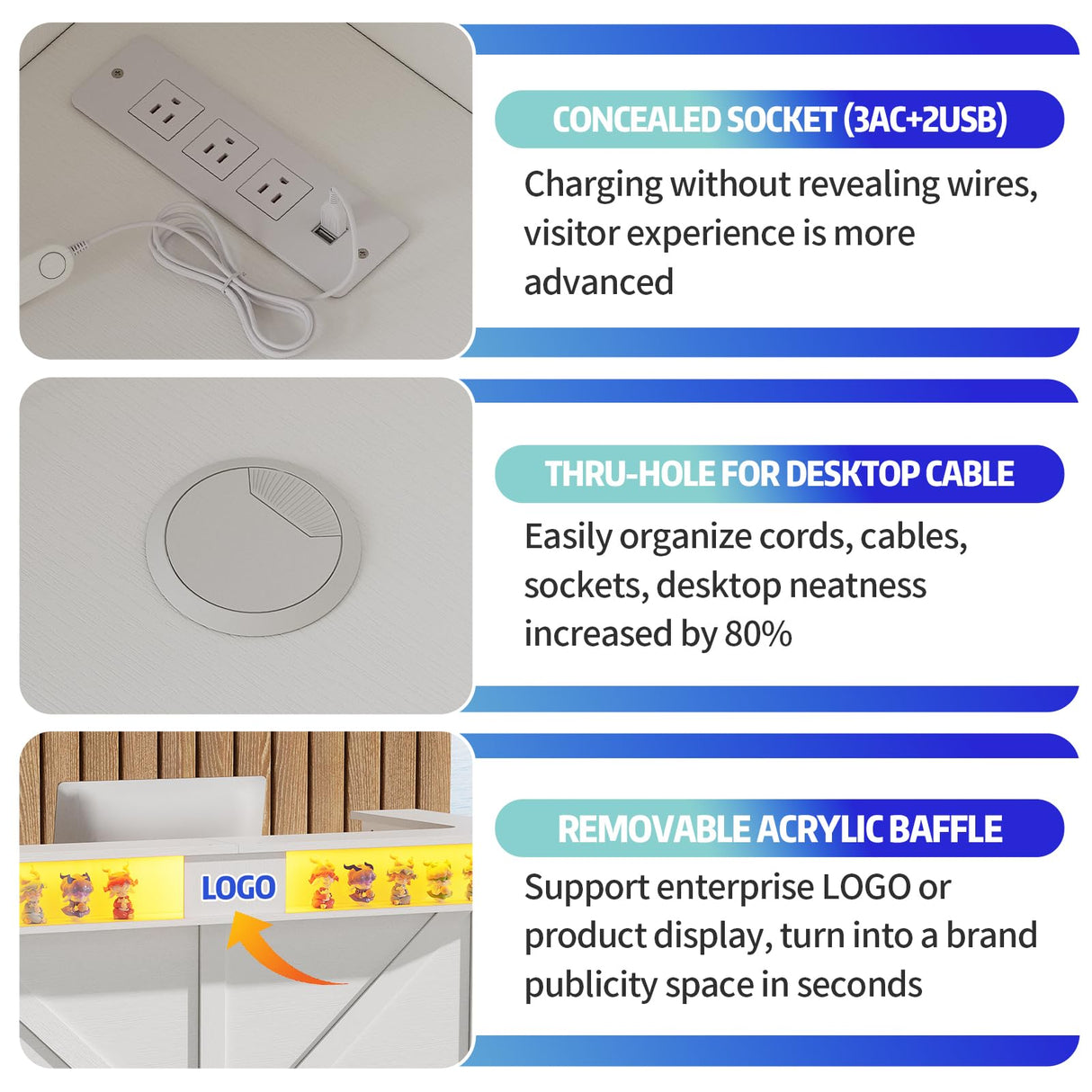 PakaLife Reception Desk with Counter, Front Desk Reception Counter Table with LED Lights, Retail Counter with Power Outlets,Drawers,Shelves, for Beauty Salon Lobby Shop Bar Checkout Office,White PakaLife