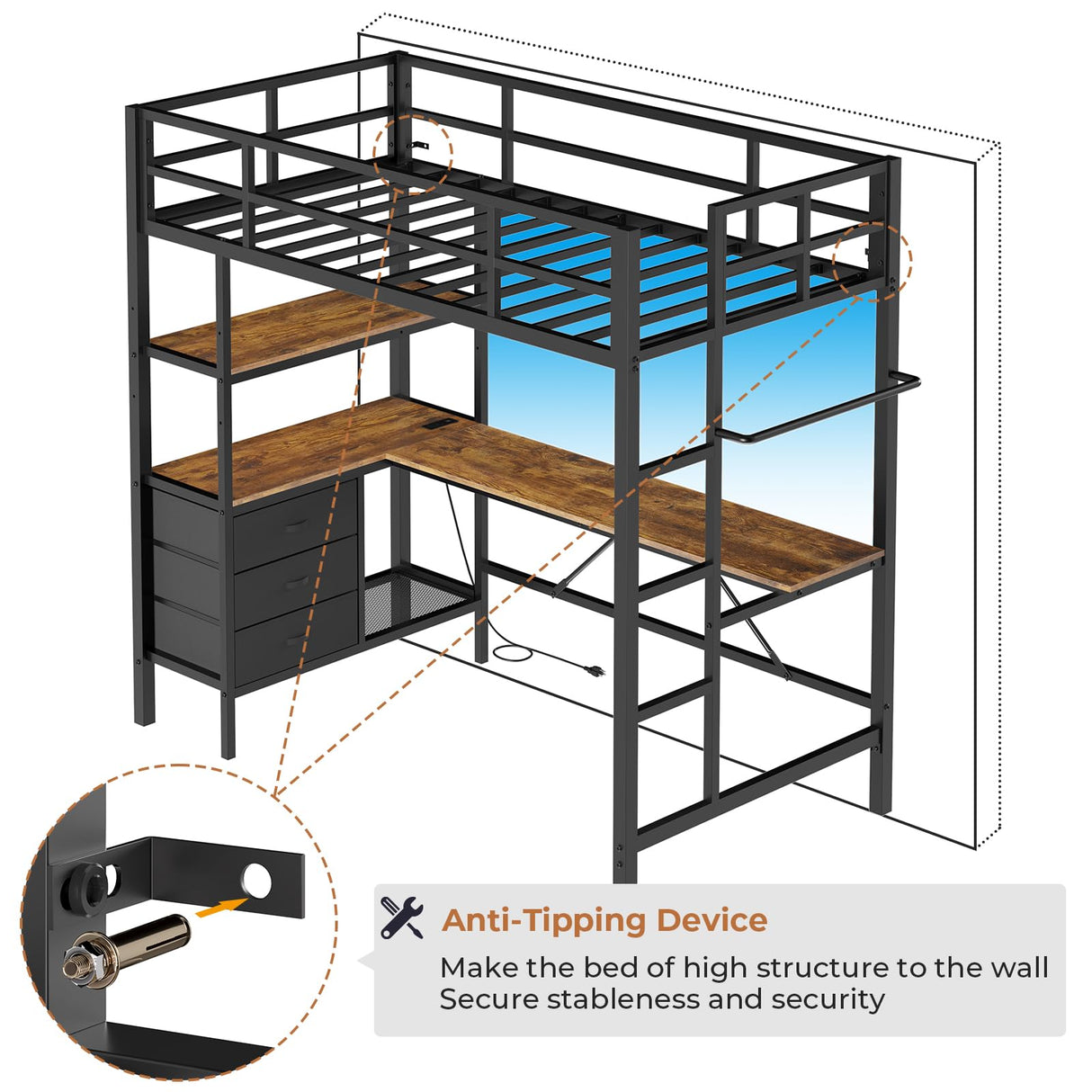 DICTAC Twin Metal Loft Bed with L-Shaped Desk, LED Lights, Charging Station, and Storage Solutions in Black DICTAC