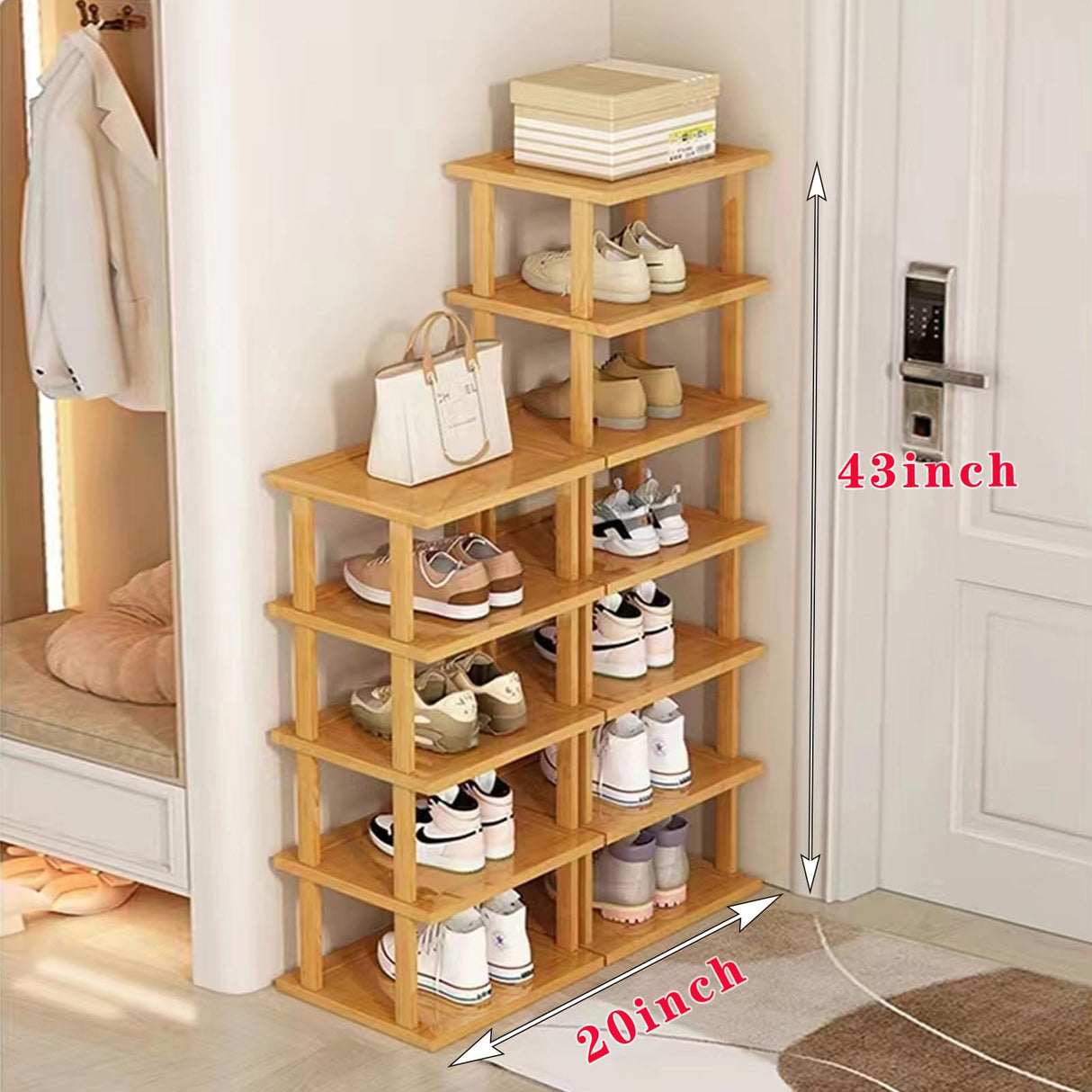SAN HE 12-Tier Bamboo Shoe Rack - Vertical Slim Organizer for Small Spaces SAN HE