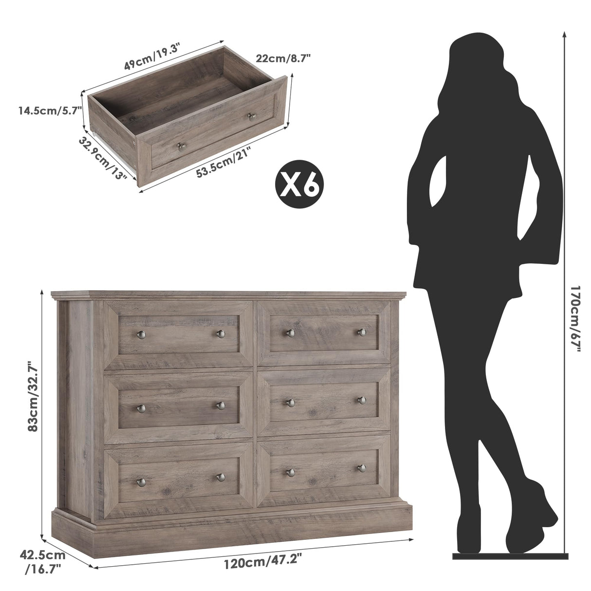 FACBOTALL Modern 6 Drawer Double Dresser, Wood Dresser Chest, Wide Chest of Drawers with Deep Drawers & Mental Double Handles for Hallway Living FACBOTALL