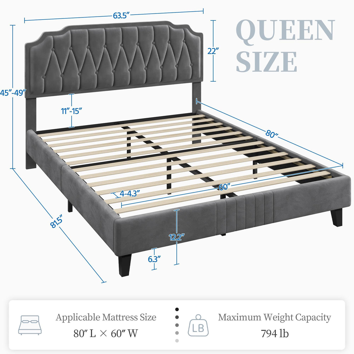 Yaheetech Dark Gray Velvet Upholstered Queen Bed Frame with Adjustable Curved Headboard Yaheetech
