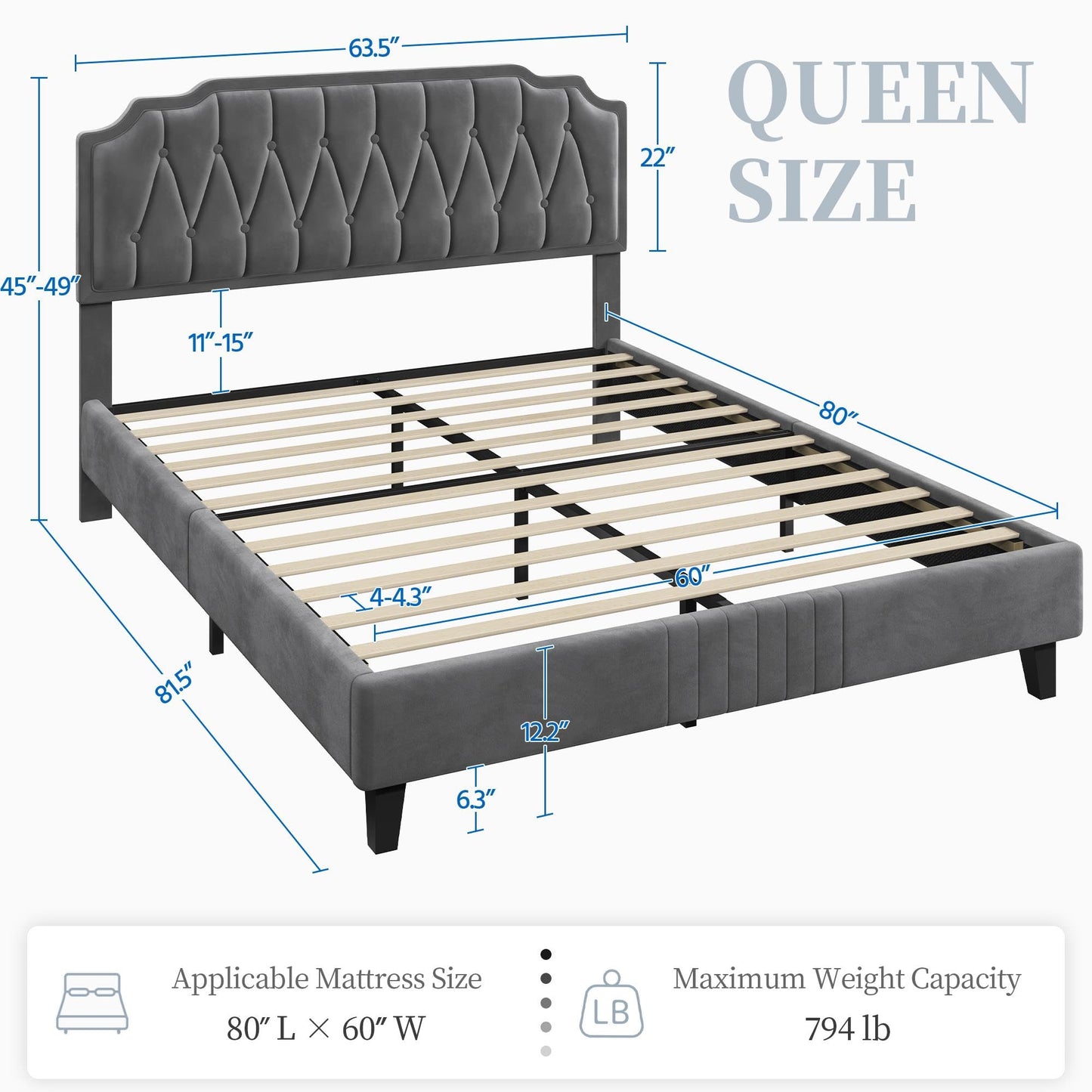 Yaheetech Dark Gray Velvet Upholstered Queen Bed Frame with Adjustable Curved Headboard - WoodArtSupply