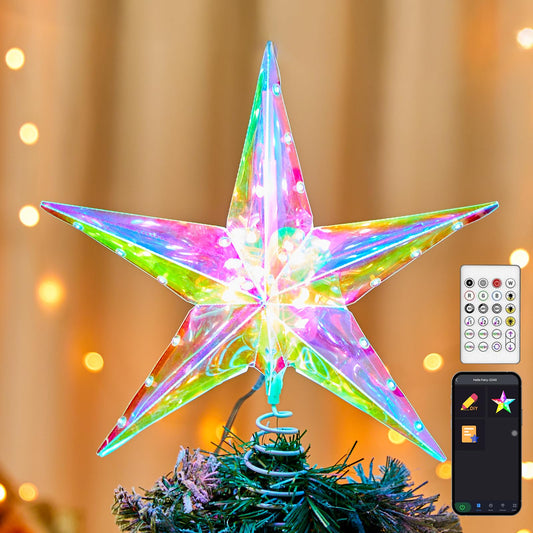 Christmas Star Tree Topper, 11.8" Static Dynamic Lighted Pentagram Built-in 10 Bulbs, RGB Color Changing Topper W/App Control USB Powered Xmas Tree Topper Music Sync Tree Top for Christmas