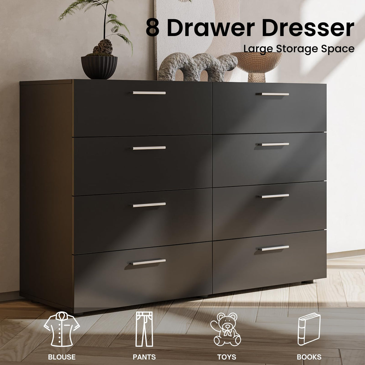 GODECOR 8 Drawer Dresser for Bedroom, Black Chest of Drawers, Wooden Bedroom TV Stand, Large Dresser Storage Chest with Deep Drawers, Living Room Furniture, 55.1" GODECOR