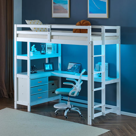 VINGLI Twin Loft Bed with L-Shaped Desk and 3 Storage Drawers, Solid Wood Single Bunk Gamer Bed with RGB LED Light Underneath,2 Charging Stations, White VINGLI