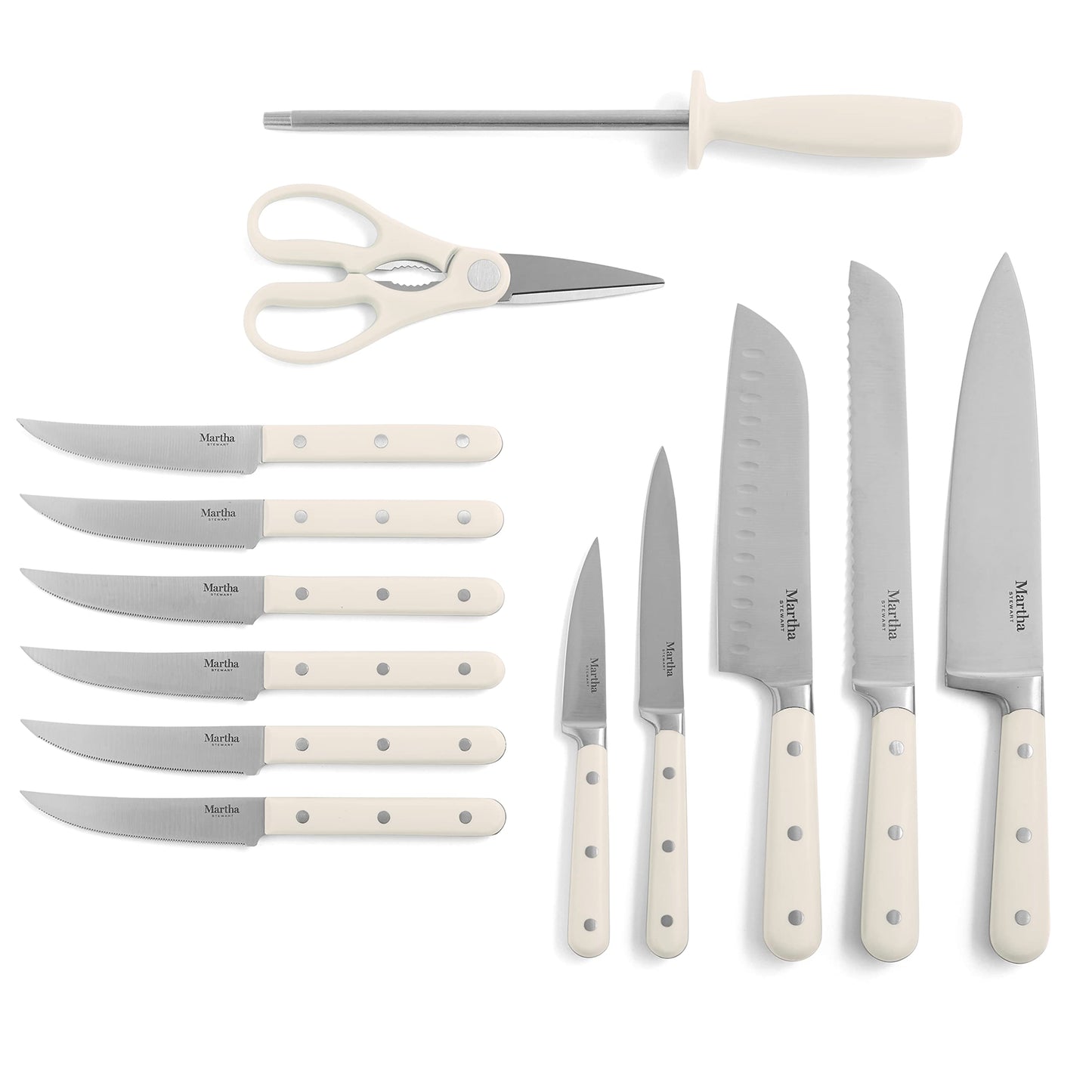 MARTHA STEWART Eastwalk 14 Piece High Carbon Stainless Steel Cutlery Kitchen Knife Block Set w/ABS Triple Riveted Forged Handle Acacia Wood Block - Linen White