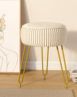 IBUYKE Velvet Round Footrest Stool Ottoman, Makeup Vanity Stool Side Table, Velvet Dressing Table Seat, Pouf Couch Stool, Golden Steel Legs, Creamy-White LG-30M IBUYKE
