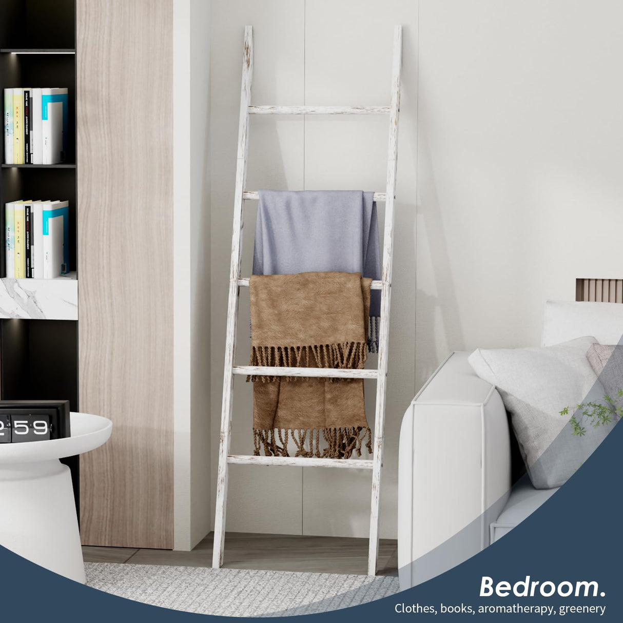 5-Tier Blanket Ladder Wooden, 5.3FT(63'') Blanket Quilt Holder Rack Decorative Ladder, Easy Assembly, Rustic Farmhouse Ladder Shelf for The Living Room Bedroom Bathroom Home Decor, White Wash Delywh