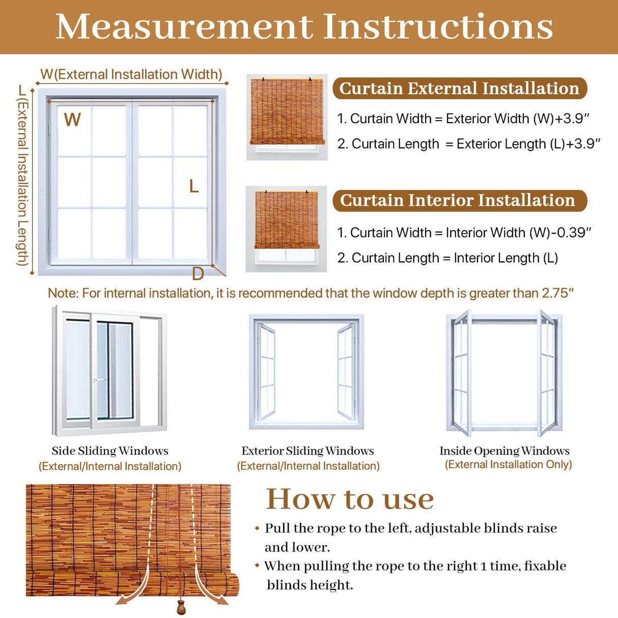 Retro Bamboo Shades 36" 47" 55" 60" 65" 72" 79" Bamboo Roll up Blinds Outdoor Brown Roller Window Shades with Lift Patio Blinds Roll up Shade Waterproof Bamboo Roman Shades for Home Privacy Curtain(W6 KaulaTrinx