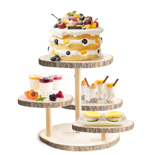 GENMOUS 4 Tiered Round Cake and Cupcake Stand Combo for Birthday Party Decor, Rustic Wooden Cupcake Tower Stands for 50 Cupcakes, Farmhouse Cupcake Tier Stand Display for Wedding Baby Shower Tea Party