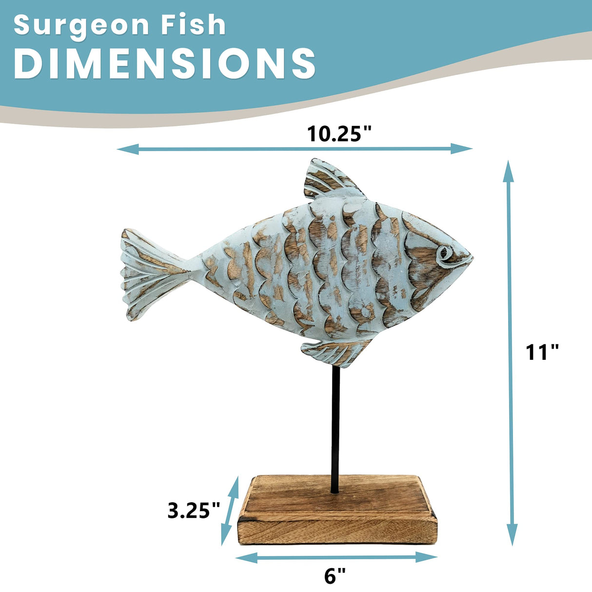 Wooden Fish Sculpture Home Decor | Surgeon Fish Statue on Base Stand | Coastal Beach House Decor Art Piece | Rustic Centerpiece Table Decor for Office, Living Room (Surgeon Fish) Farmhouse World