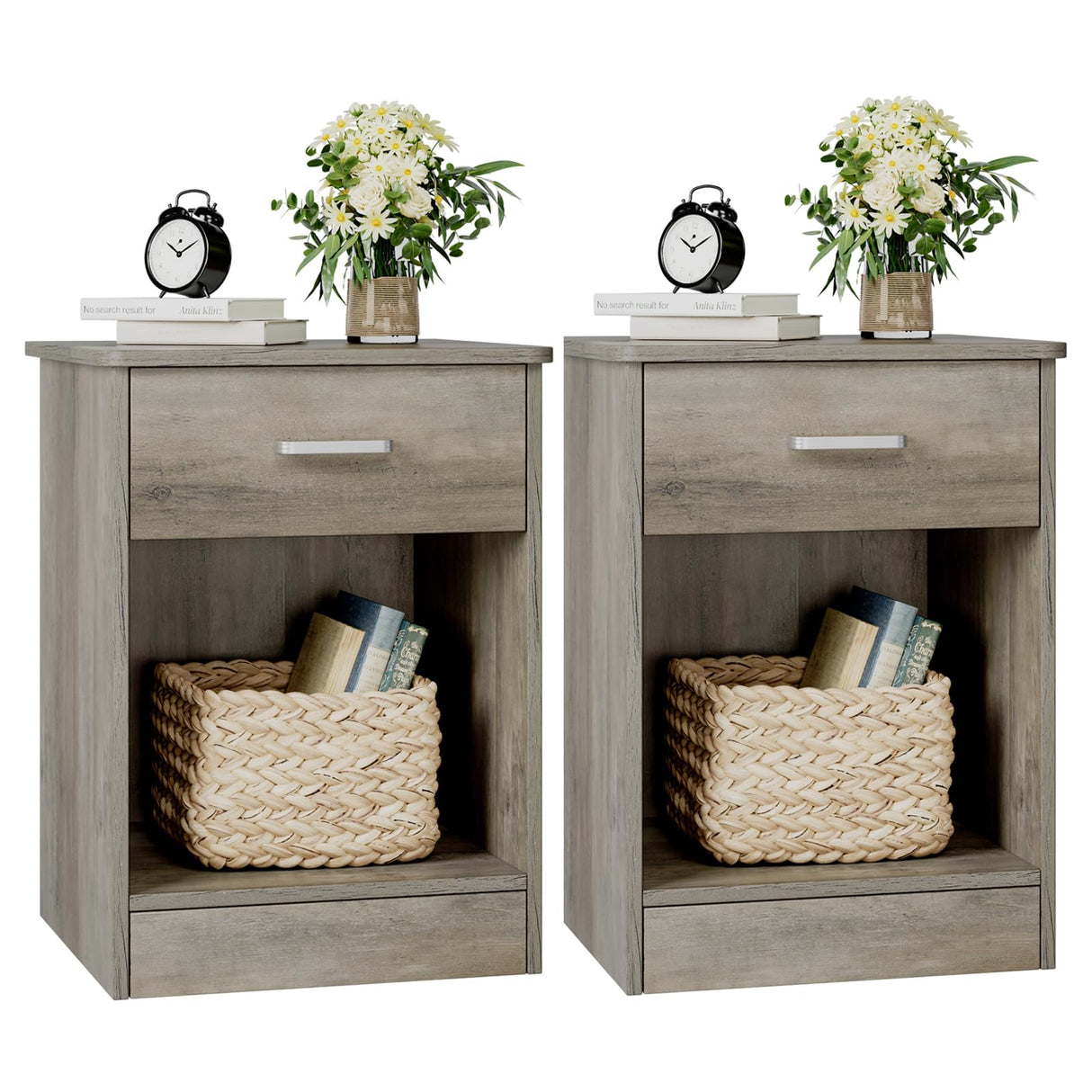 FOTOSOK Nightstand Set of 2, 2-Tier Side Table with Drawer and Storage Shelf, Bedside Table End Table, Modern Night Stand for Bedroom, Home Office,Vintage Grey FOTOSOK