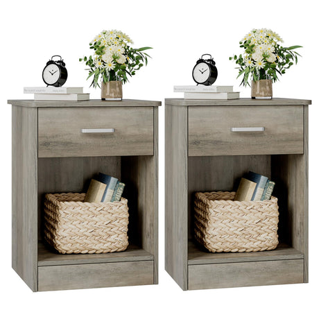 FOTOSOK Nightstand Set of 2, 2-Tier Side Table with Drawer and Storage Shelf, Bedside Table End Table, Modern Night Stand for Bedroom, Home Office,Vintage Grey FOTOSOK