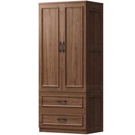 LIKIMIO Armoire Wardrobe Closet with 2 Doors and 2 Drawers 70" H x 28" W Wooden Bedroom Freestanding Wardrobe Combination for Hanging Clothes, Walnut LIKIMIO