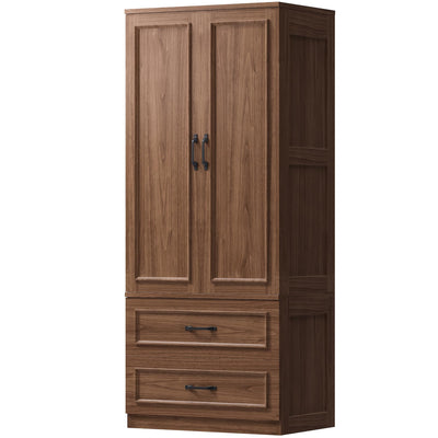 LIKIMIO Armoire Wardrobe Closet with 2 Doors and 2 Drawers 70" H x 28" W Wooden Bedroom Freestanding Wardrobe Combination for Hanging Clothes, Walnut