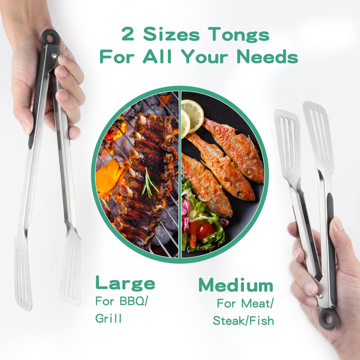 Lebabo Metal Tongs for Cooking, Set of 2 Stainless Steel Spatula Tongs for Grilling, Cooking and Flipping, Strong Grip for Ribs, Steak and Fish, Comfortable Grip, Easy Pull Lock, 9 inch & 12 inch Lebabo