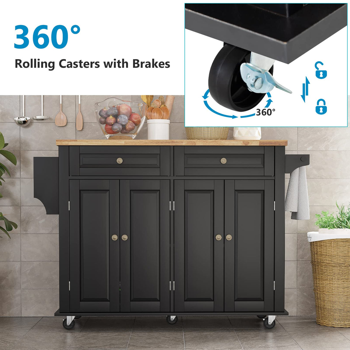 Rolling Kitchen Island with Drop Leaf – Movable Kitchen Carts on Wheels Island with Storage Cabinet, Island Table for Kitchen with Rubber Wood Top and Rack and Drawer, Matte, Black Gitua