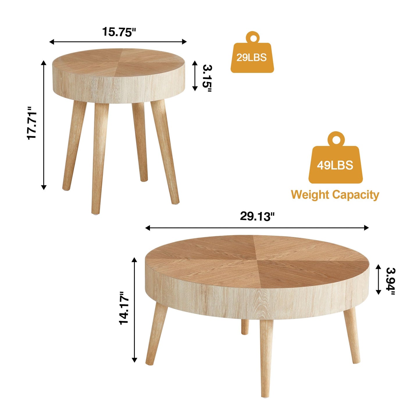 2-Piece Modern Farmhouse Living Room Coffee Table Set, Modern Wood Grain Pattern Natural Wood Finish Side Table and End Table Set for Living Room, Bedroom, Cafe, Office, Wood Color