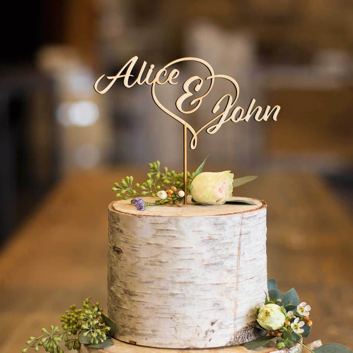 First Names Heart Wood Cake Topper Baltic Birch Wooden Laser Cut Burnt Delicate Personalized Custom Wedding Natural Unfinished Ampersand CraftCuts