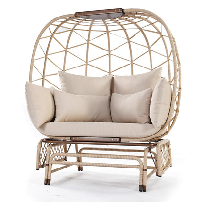 NICESOUL Double Wicker Rocking Egg Chair Oversized Egg Basket Lounge Chair for 2 Persons, Patio Gliding Egg Chair with Legs Thick Cushions 500 Lbs Loveseat for Indoor Outdoor Bedroom Living Room Beige