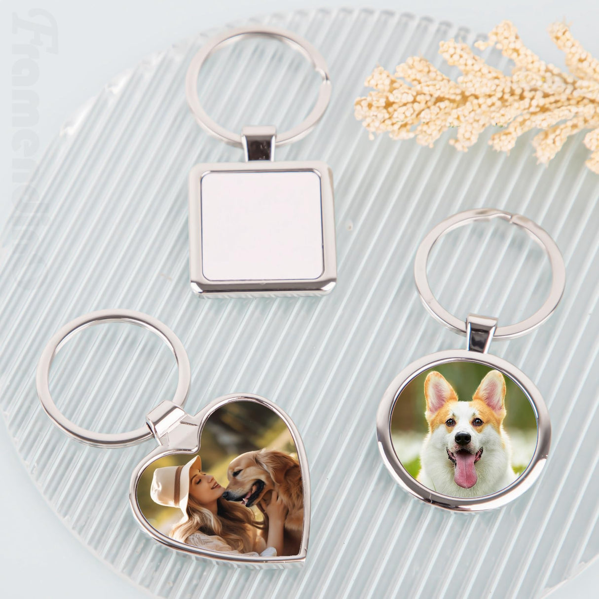 Framendino, 12 Pack Sublimation Keychain Blanks Heat Transfer Press Blank Key Chains with Key Rings for DIY Photos Crafts Rectangular Round Square Love Heart Silver Framendino