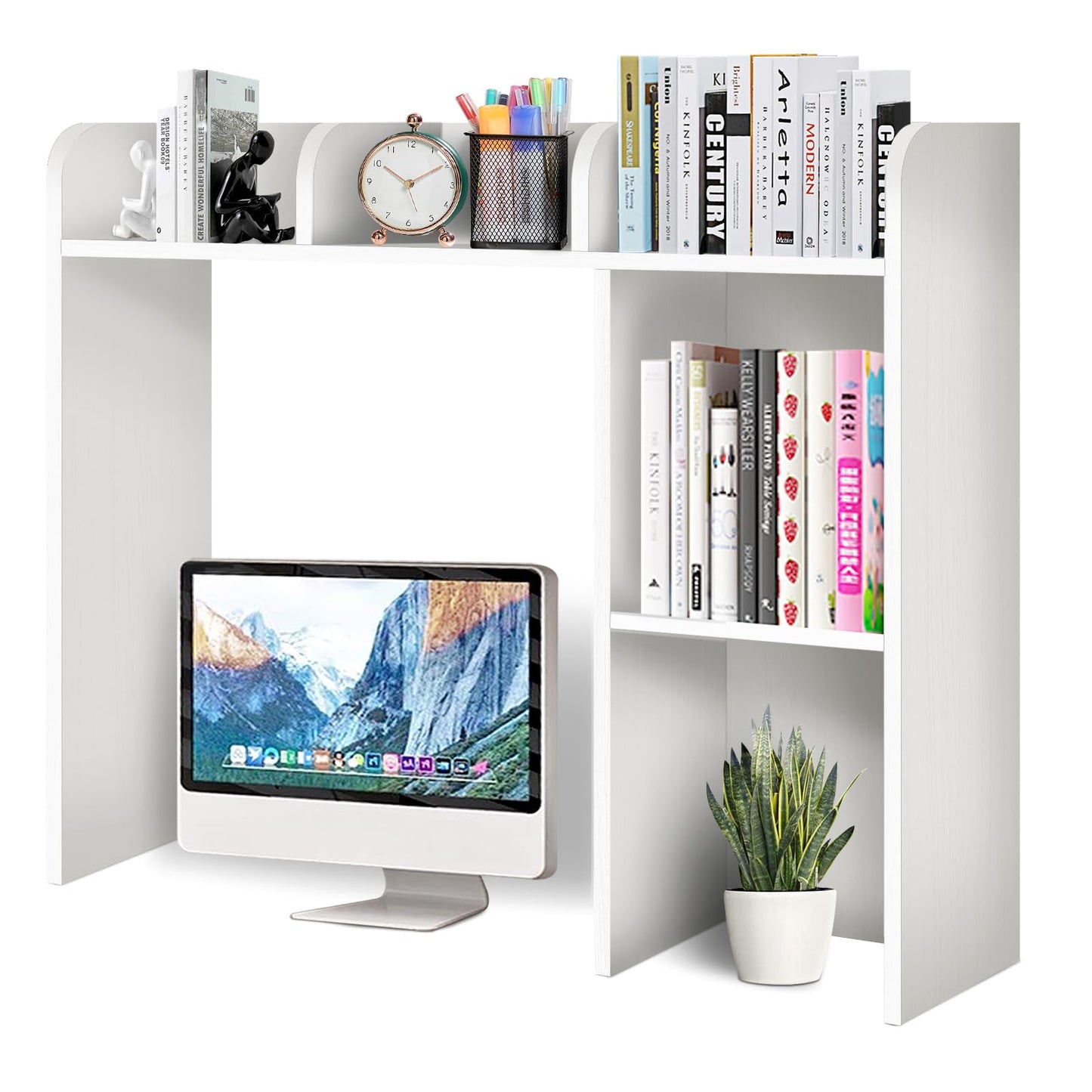 Sturdy White Wooden 3-Tier Desk Bookshelf with 5 Cubbies - YYDBIAP College Dorm Hutch - WoodArtSupply