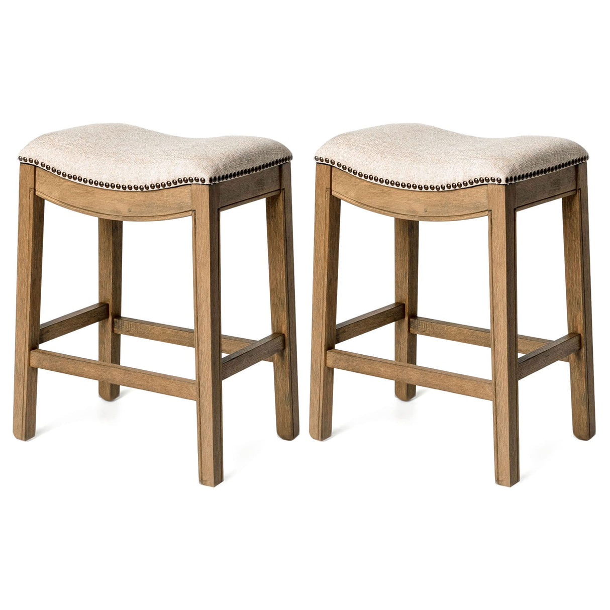 Maven Lane Adrien 26 Inch Counter Height Upholstered Backless Saddle Barstool in Natural Wood Finish with Wheat Cream Fabric Cushion Seat, Set of 2 Maven Lane