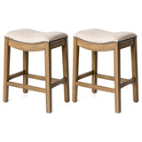 Maven Lane Adrien 26 Inch Counter Height Upholstered Backless Saddle Barstool in Natural Wood Finish with Wheat Cream Fabric Cushion Seat, Set of 2 Maven Lane