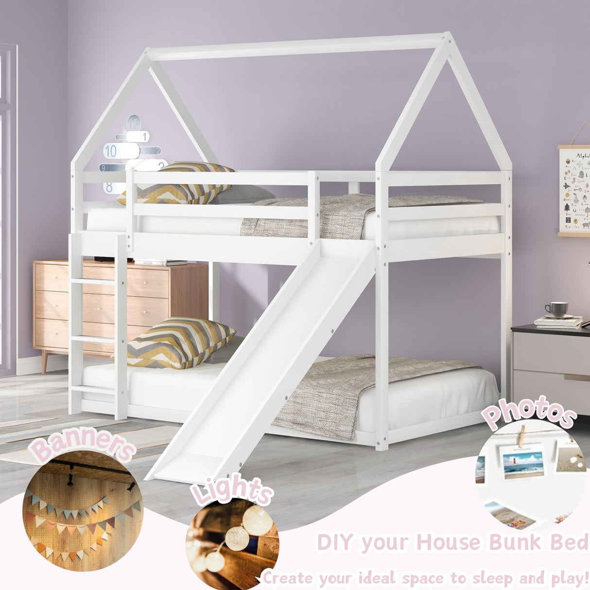 Harper & Bright Designs Twin Bunk Beds for Kids,Wood House Bunk Bed Twin Over Twin,Kids Bunk Bed with Slide and Roof for Girls Boys,White Harper & Bright Designs