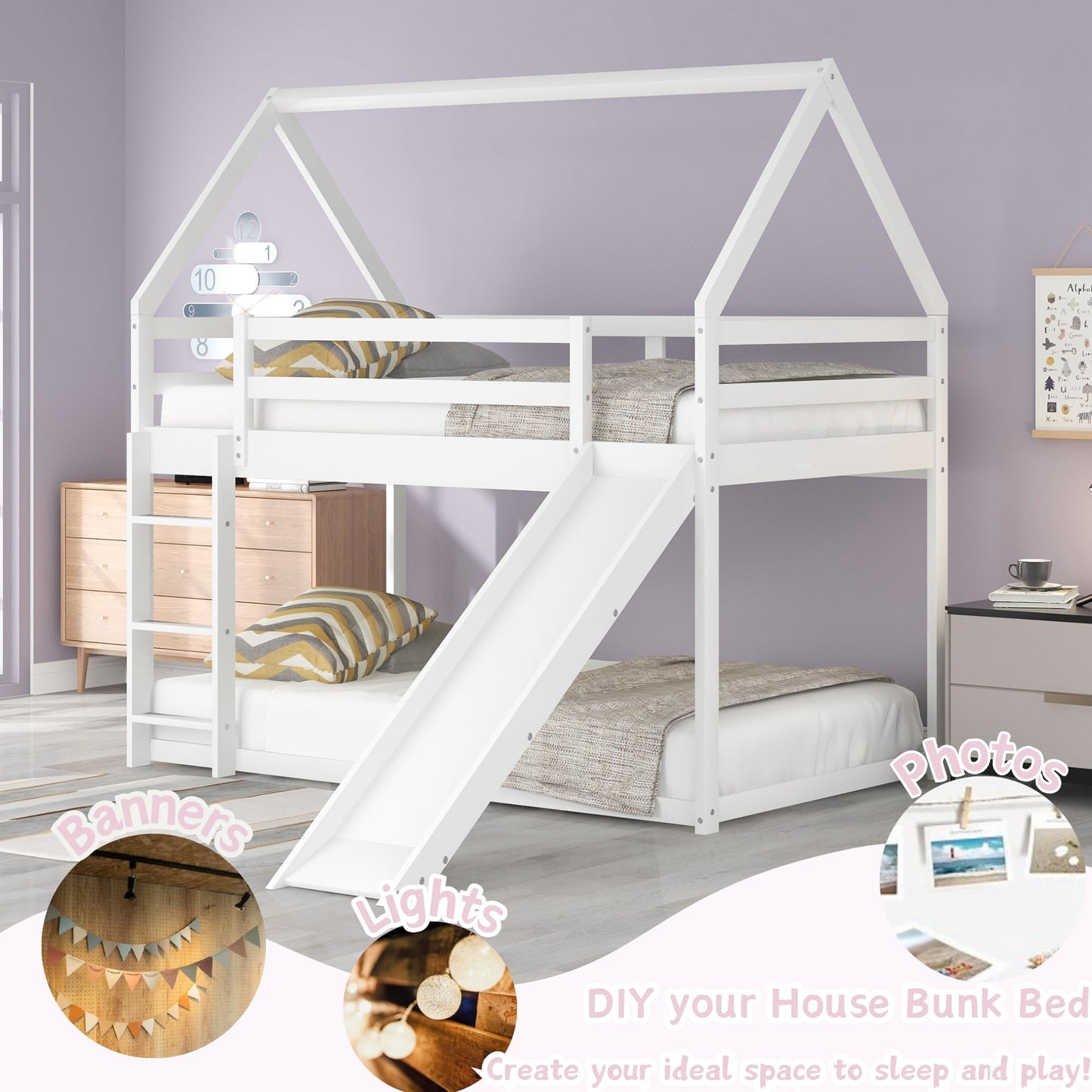 Harper & Bright Designs Twin Bunk Beds for Kids,Wood House Bunk Bed Twin Over Twin,Kids Bunk Bed with Slide and Roof for Girls Boys,White