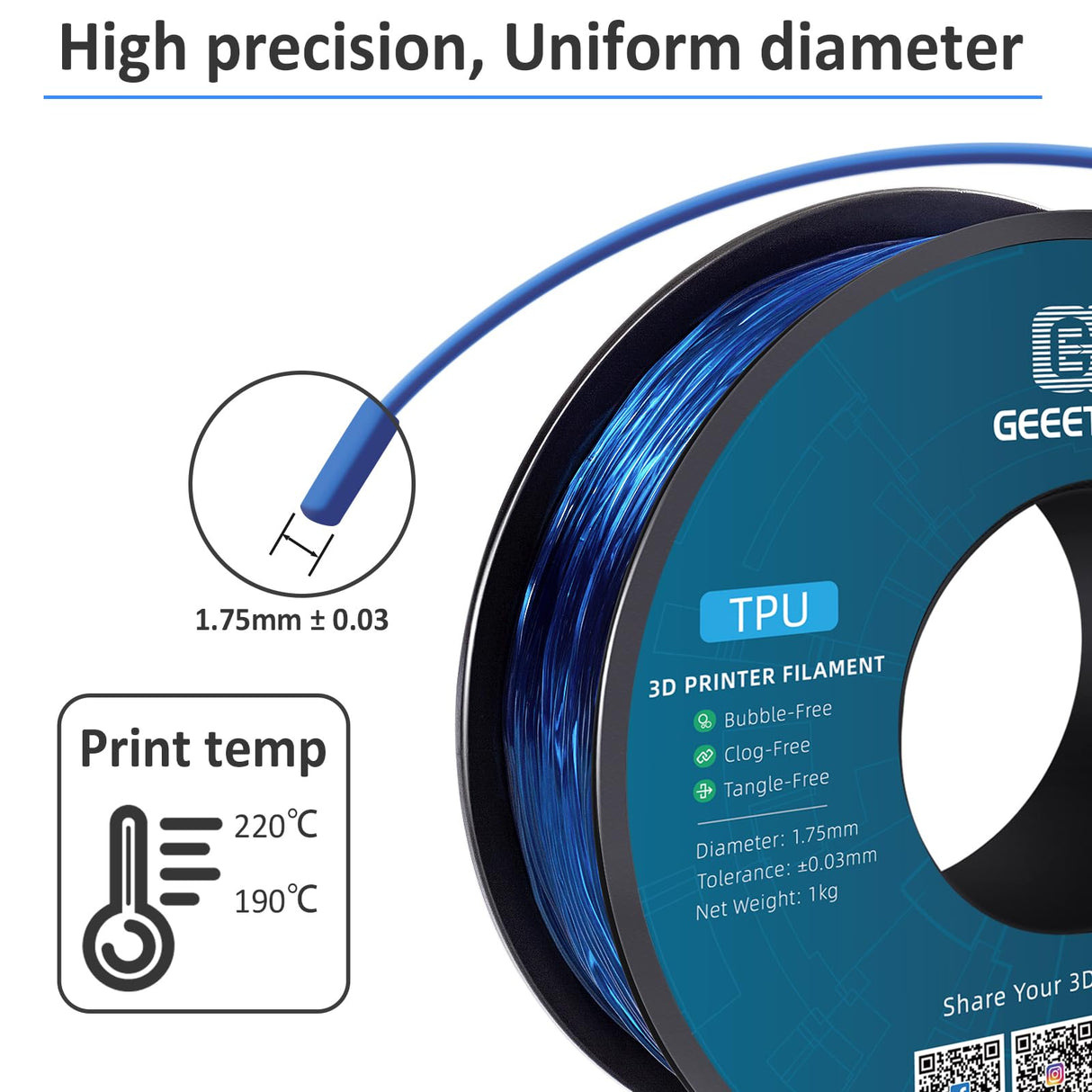 Geeetech TPU Filament 1.75mm, Shore 95A Flexible 3D Printer Filament with High Elasticity, 1KG (2.2lbs) Spool, Dimensional Accuracy ±0.03mm, Fits Most FDM Printers, Clear Blue Geeetech