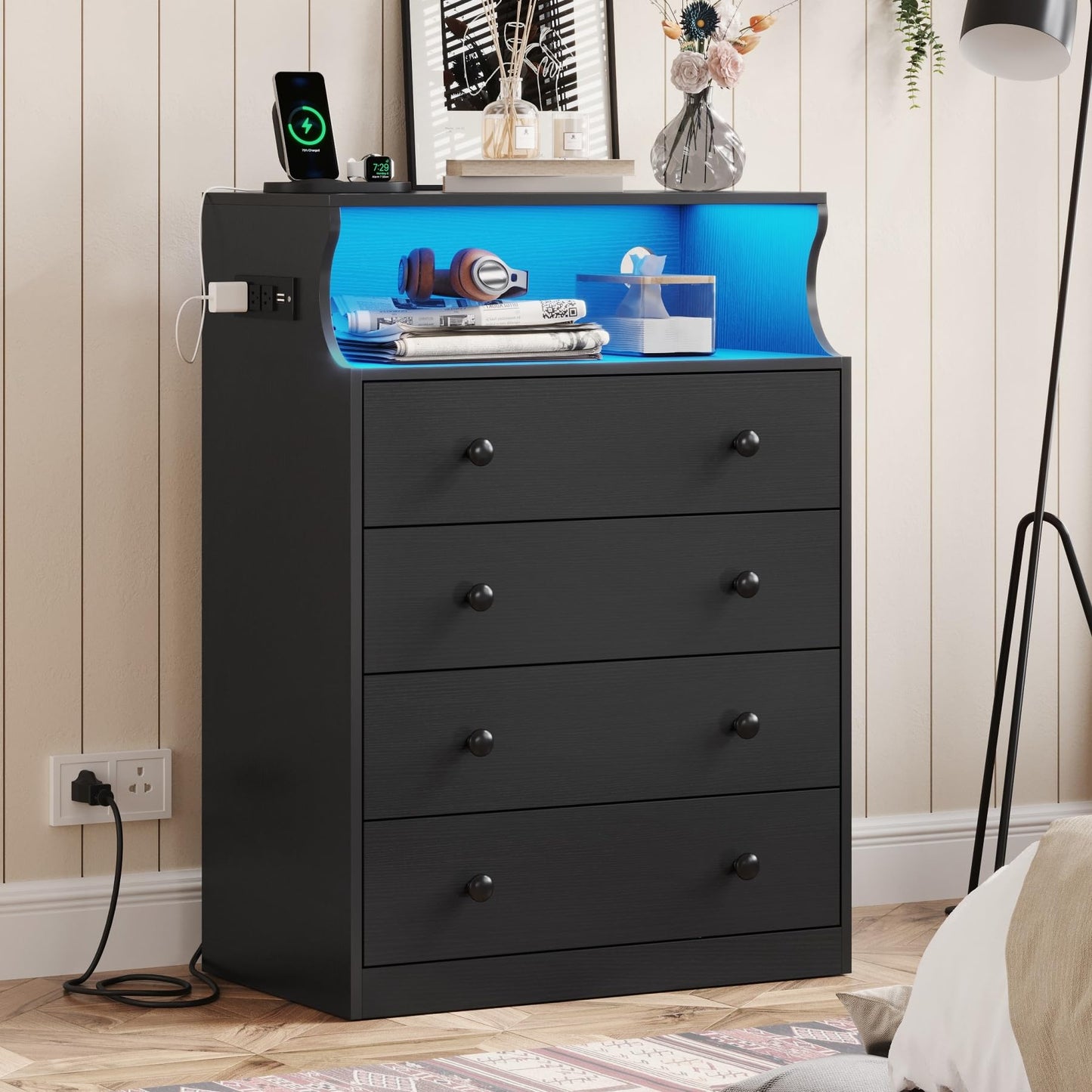 DICTAC Black Drawer Dresser for Bedroom with LED Lights, Chest of 4 Drawers with Charging Station, Tall Dresser with Large Storage Space, Wooden Storage Tower Organizer - WoodArtSupply