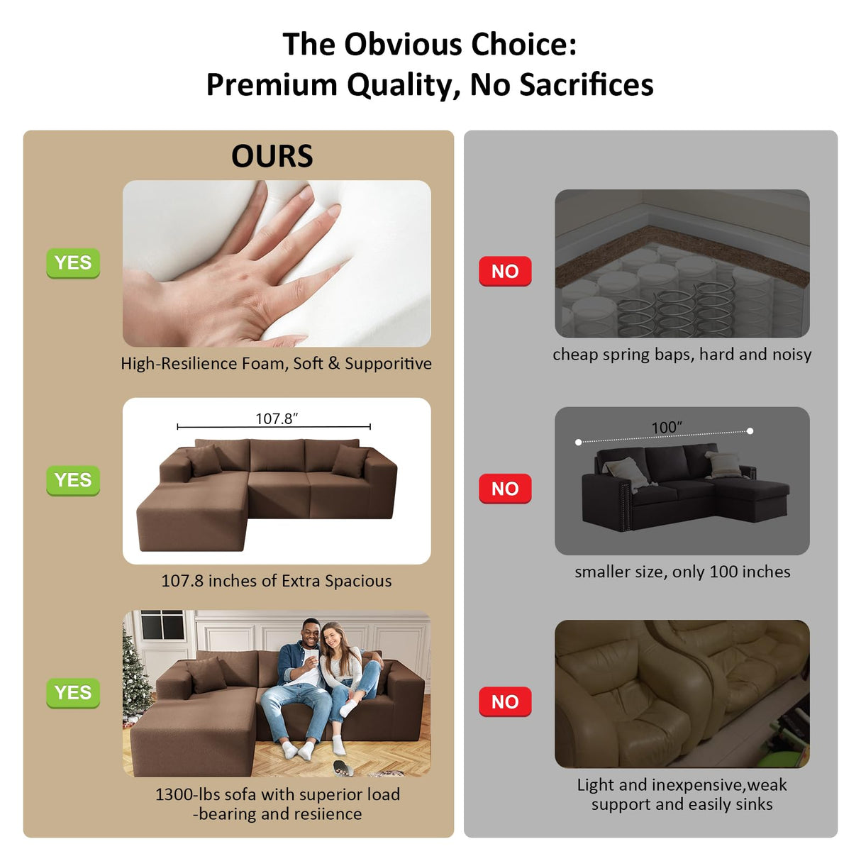 108" Cloud Sectional Couch with L-Shape Chaise,4 Seat Modern Modular Sofa with Deep Seat, Upholstered Couches for Living Room Bedroom, Sectional Boneless Couch (Coffee, 108"+Left Facing Chaise) SYFERLORY