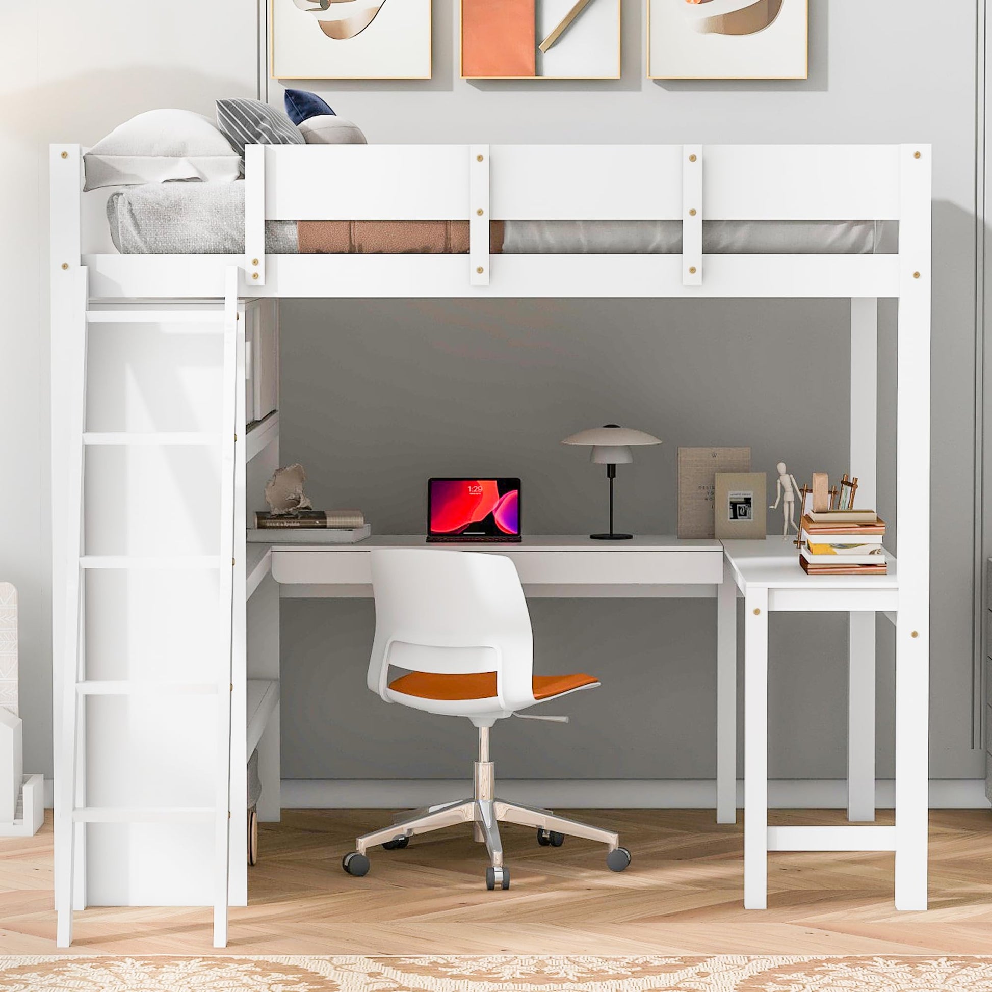 Merax White Full Loft Bed with Integrated Desk and Bookshelf – Space-Saving Solid Pine Design - WoodArtSupply