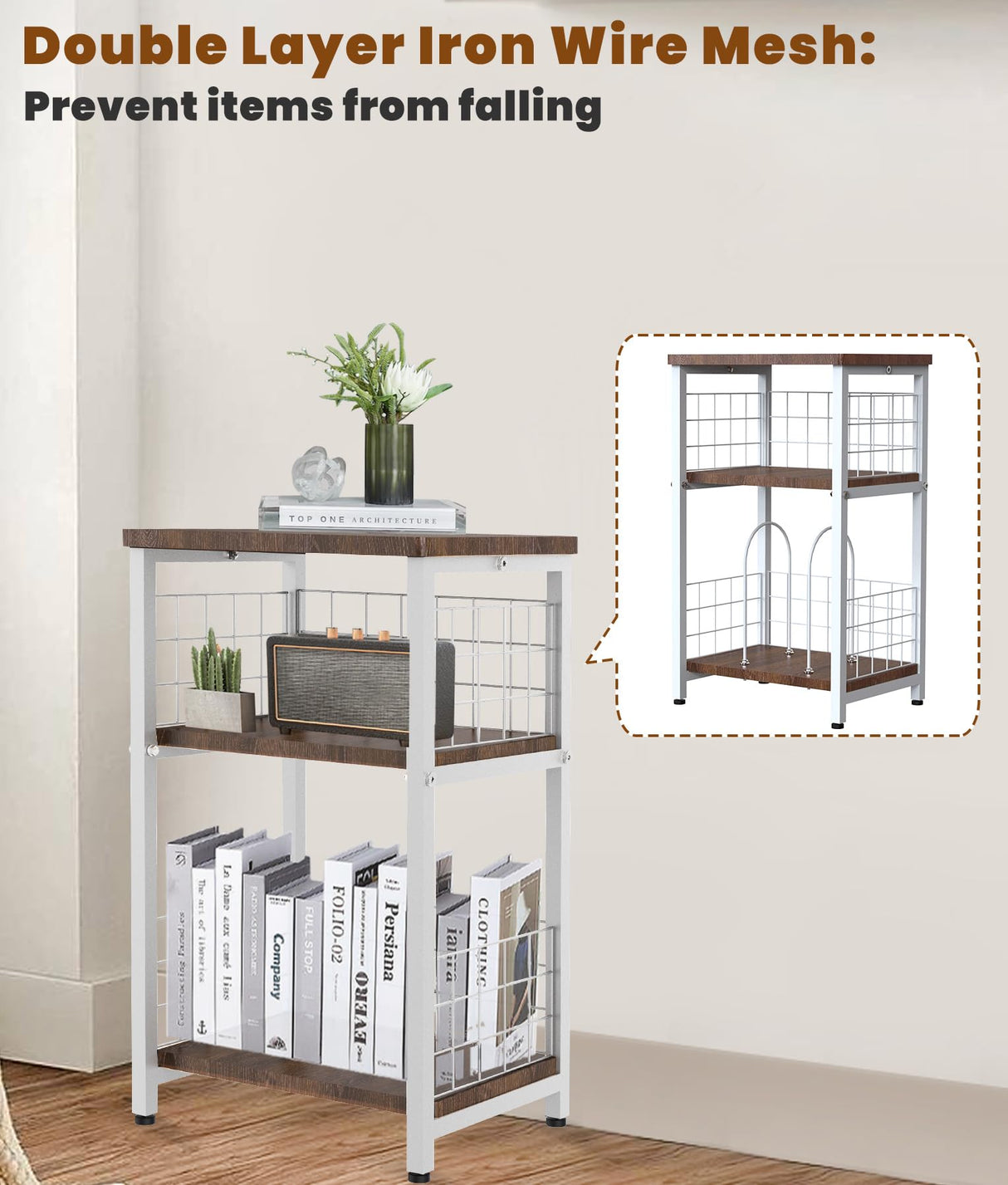 Tuohours Record Player Stand, 3 Tier End Table with Double Layer Iron Wire Mesh Turntable Stand Vinyl Record Table Storage Up to 100 Albums, Nightstand Small Side Table for Living Room Bedroom, White Tuohours