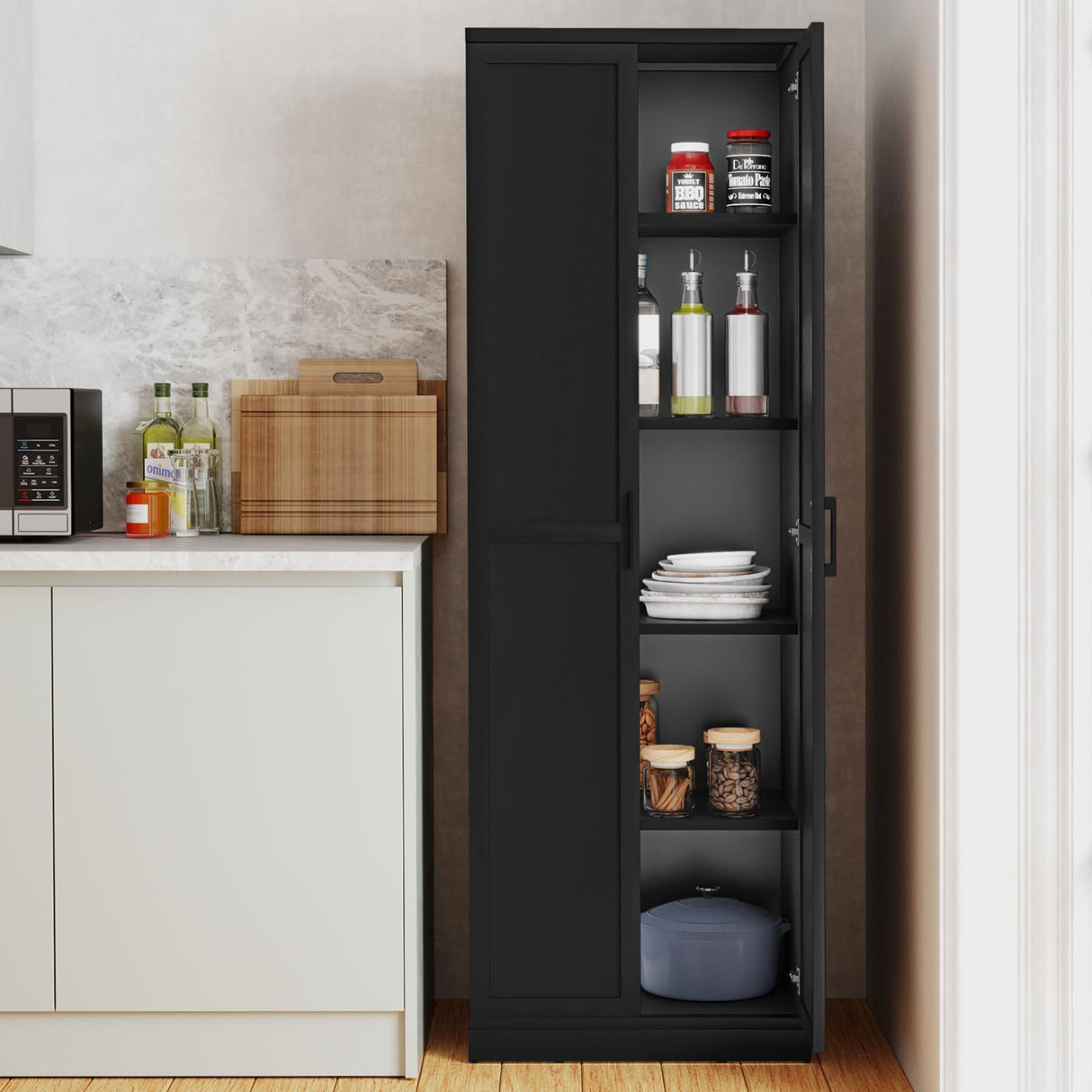 Giantex 70" Tall Wooden Storage Cabinet with 2 Doors and 5 Adjustable Shelves, Freestanding Collection Food Kitchen Pantry Cabinet Cupboard for Kitchen Bedroom Laundry Garage (Black) Giantex