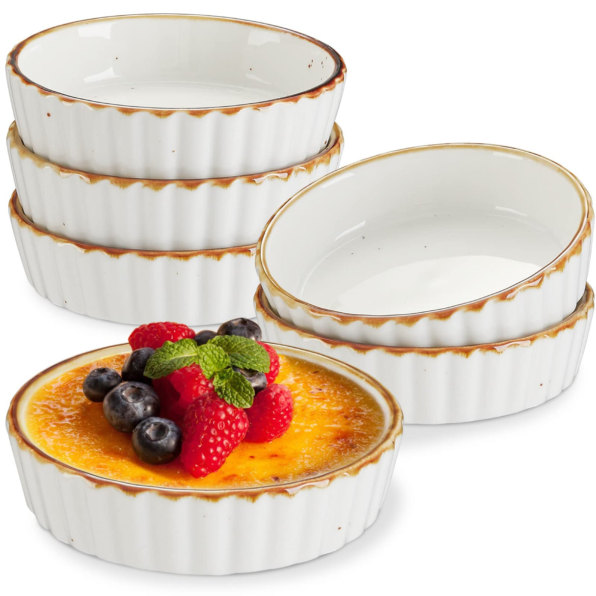 ONEMORE Ramekins 4 oz - Oven Safe Shallow Ramekins with Brown Rim for Creme Brulee - Speckled, Fluted, Set of 6 ONEMORE