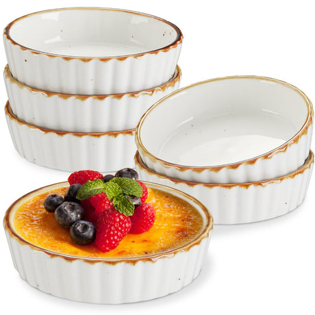 ONEMORE Ramekins 4 oz - Oven Safe Shallow Ramekins with Brown Rim for Creme Brulee - Speckled, Fluted, Set of 6 ONEMORE