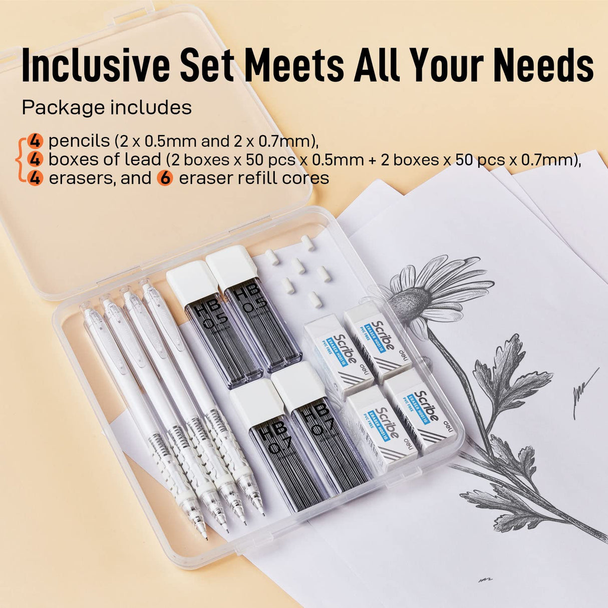 Deli Mechanical Pencils Set, Automatic Lead Advances, 4 Pcs Mechanical Pencils 0.5mm & 0.7mm, 100 Pcs 0.5mm and 100 Pcs 0.7mm Pencil Leads, 4 Erasers and 6 Eraser Refills, School Office Leven