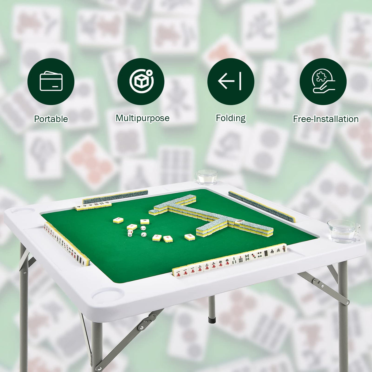 GYMAX Mahjong Table, Folding Square 4 Player Card Table with Cup Holders & Chip Trays, Portable Board Game Domino Table for Mahjong, Poker Blackjack GYMAX