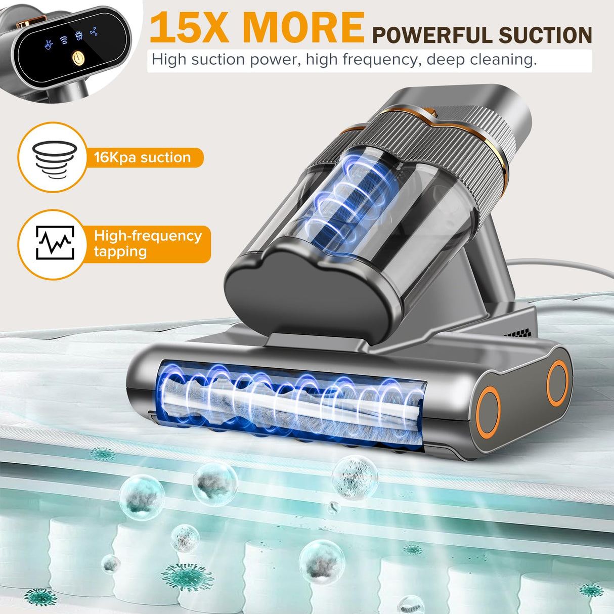 DAVANPAL Powerful Mattress Vacuum Cleaner,Handheld Bed Vacuum with UV-C Light, 16Kpa Strong Suction, 30000 RPM Dual Drum Brushes, 140°F Hot Air & Ultrasonic Tech, 500W Corded for Quick Dust Removal DAVANPAL